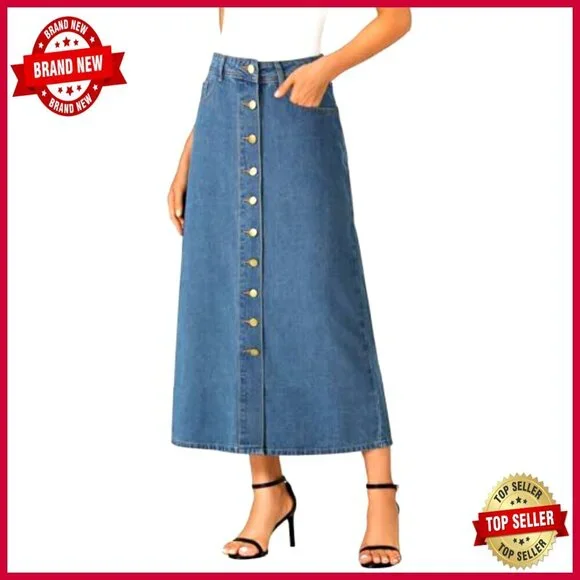 A Line Denim Midi Skirt High Waist Button Down Casual Elegant Y2K Retro - Picture 3 of 7